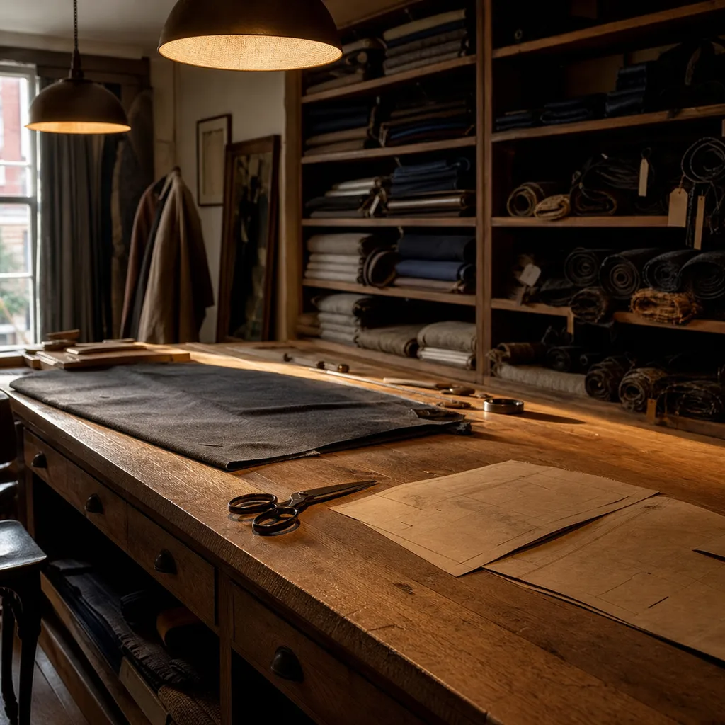 Interior of the Glint Velux atelier — a long oak cutting bench, shelves of rolled cloth, and shears laid out under a row of pendant lights.