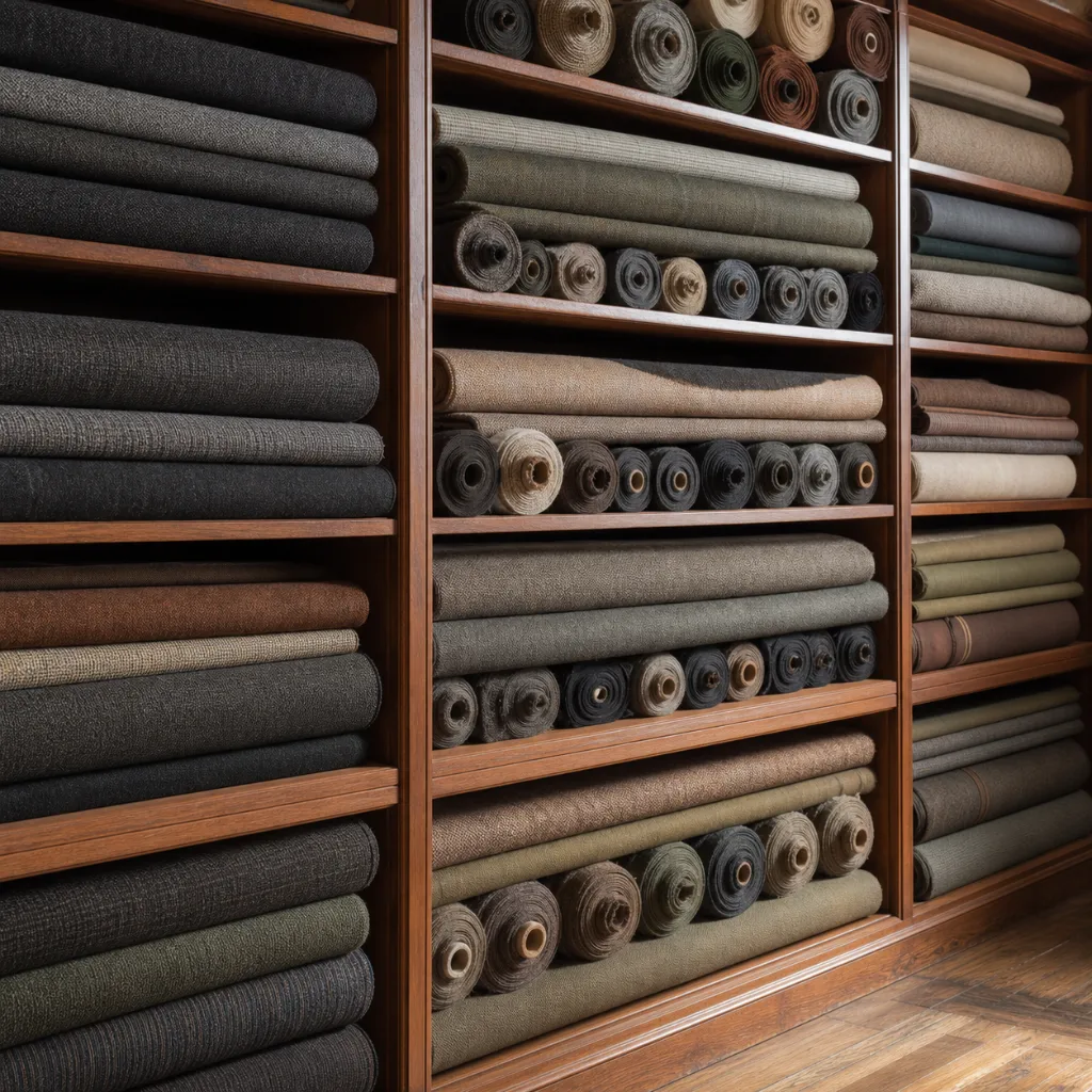 Floor-to-ceiling shelving filled with rolled bolts of suiting cloth in earth tones — olive, camel, charcoal and clay — stacked in tight rows.