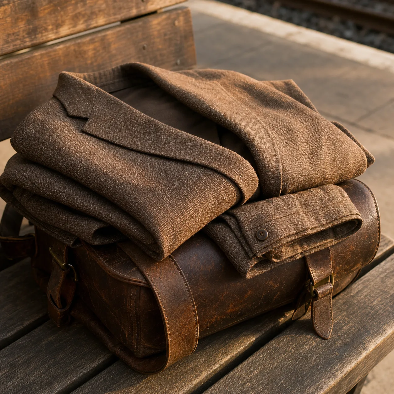 A mid-brown travel suit folded over a leather satchel on a train platform bench, morning light raking across the fabric weave.