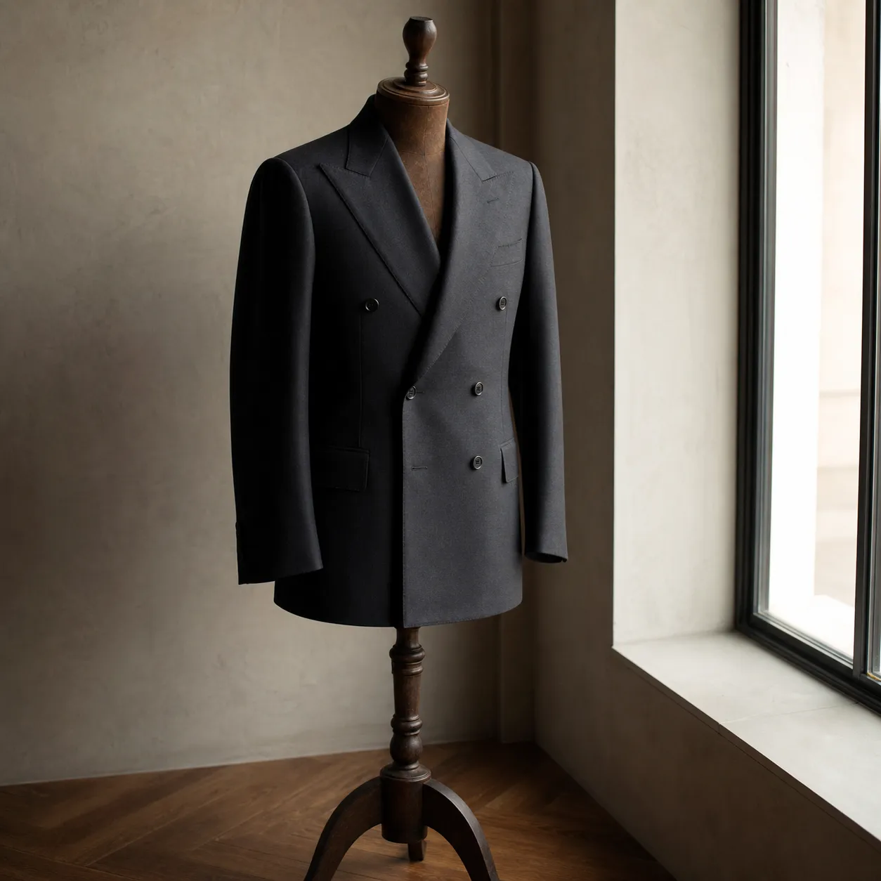 A deep charcoal double-breasted jacket on a wooden tailor's form beside a window, peak lapels catching soft daylight.