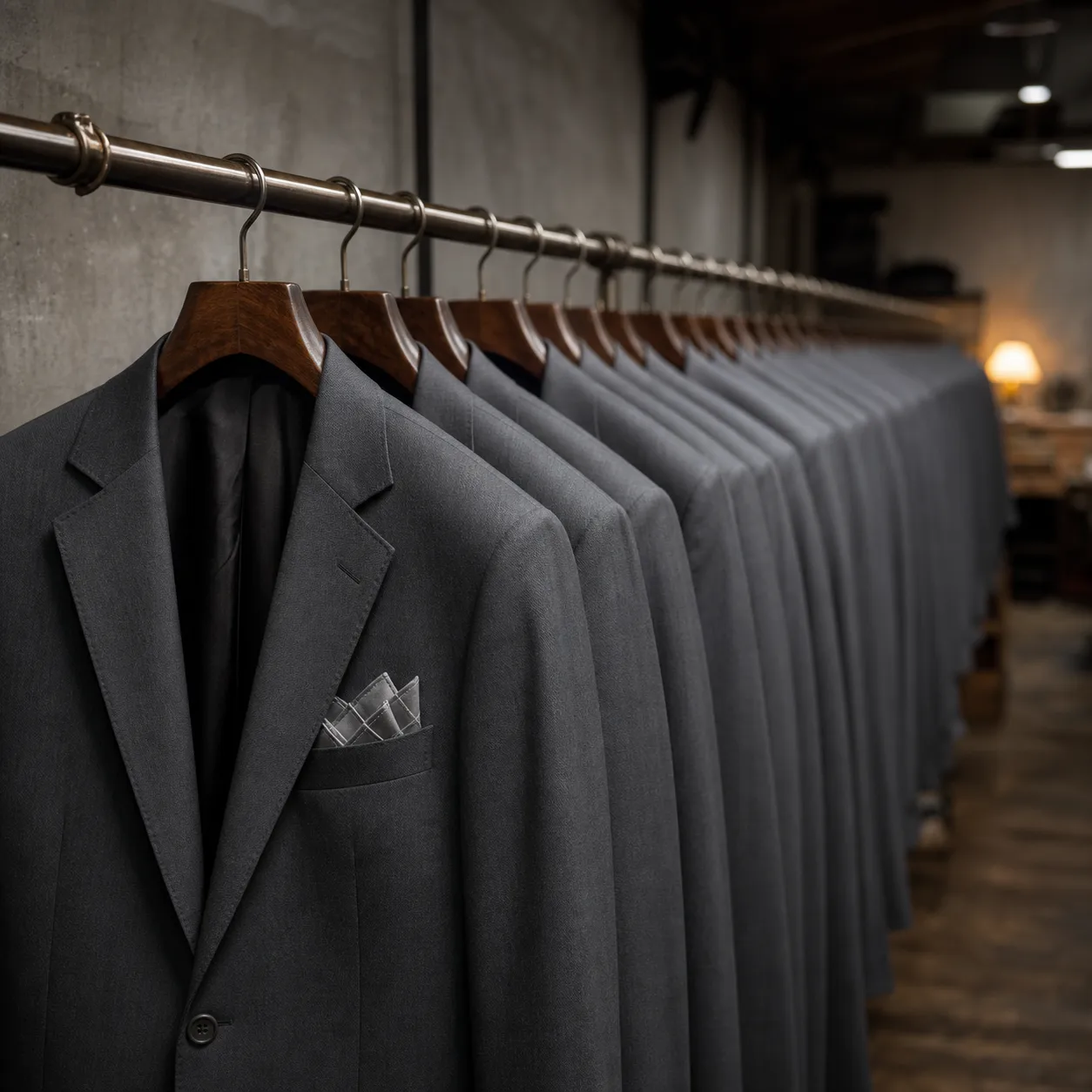 A long rail of matching slate-grey team suits hanging in even rows in a workroom, each with an identical folded pocket square in the breast.