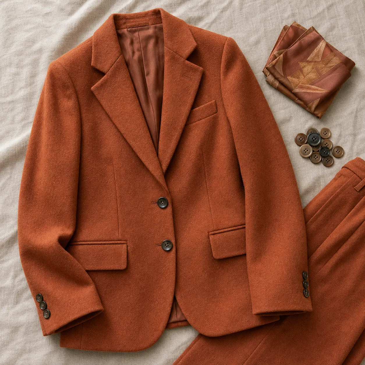 A tailored women's blazer in warm terracotta wool laid flat on a linen surface beside a matching trouser, folded pocket square and natural horn buttons.
