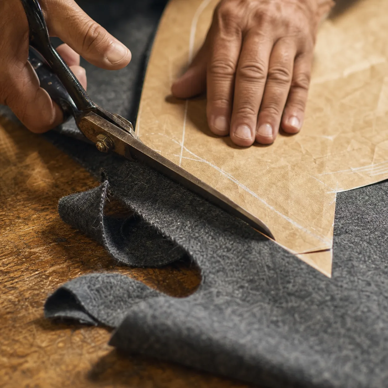 Hands guiding tailor's shears through a length of grey wool on a chalk-marked pattern, cloth curling away from the blade.
