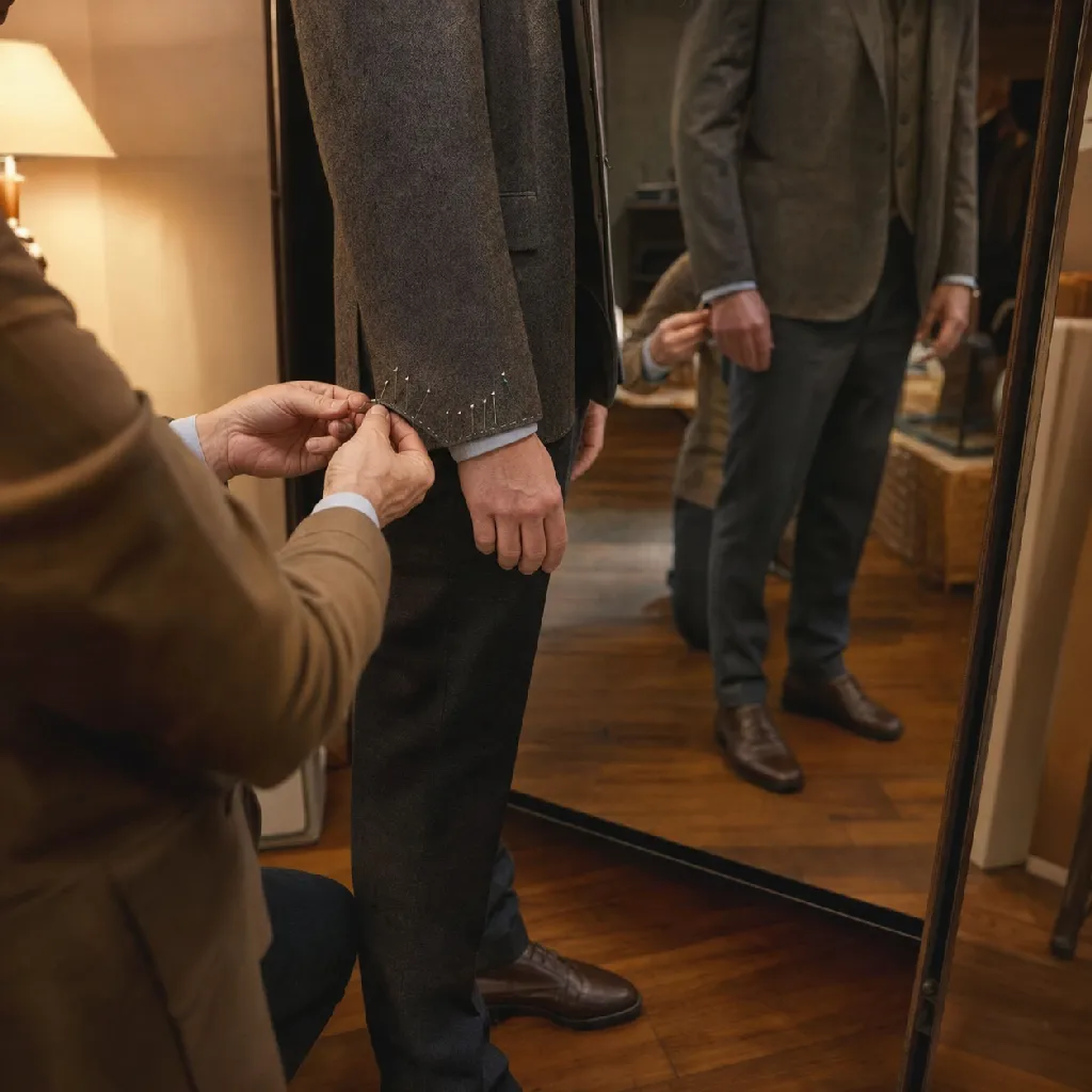 A tailor adjusting the hem of a jacket sleeve on a client standing before a mirror in a warm-toned fitting room, chalk marks on the cuff, framed from the shoulders down.