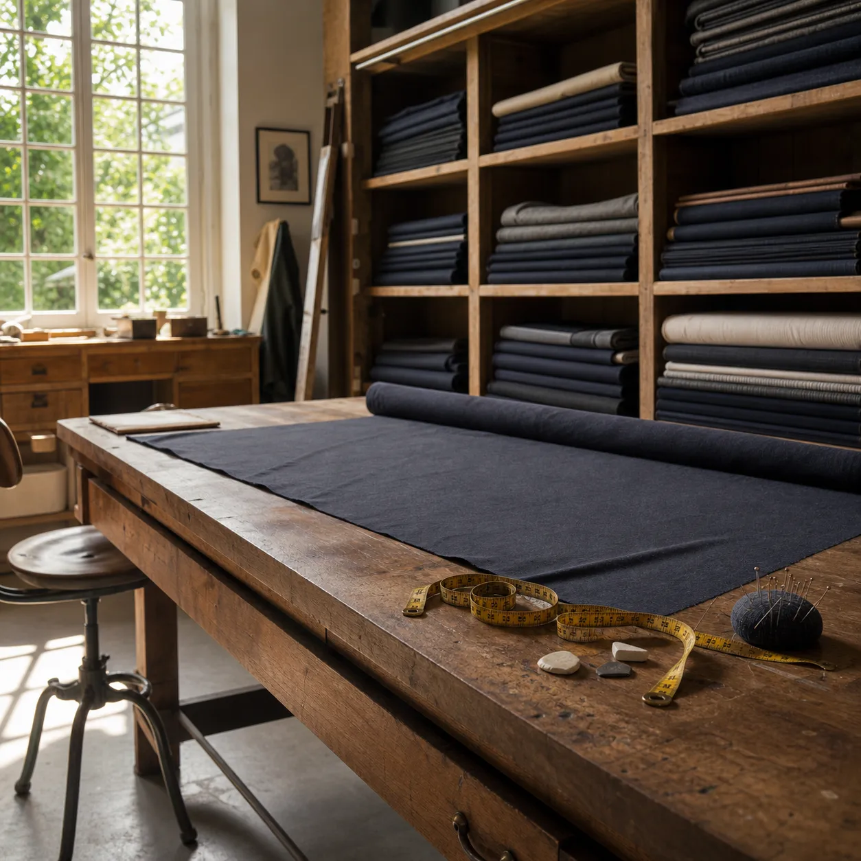 The Glint Velux atelier interior: an oak cutting bench running the length of a sunlit room, bolts of cloth stacked on open shelving and a brass tape measure coiled on the bench.