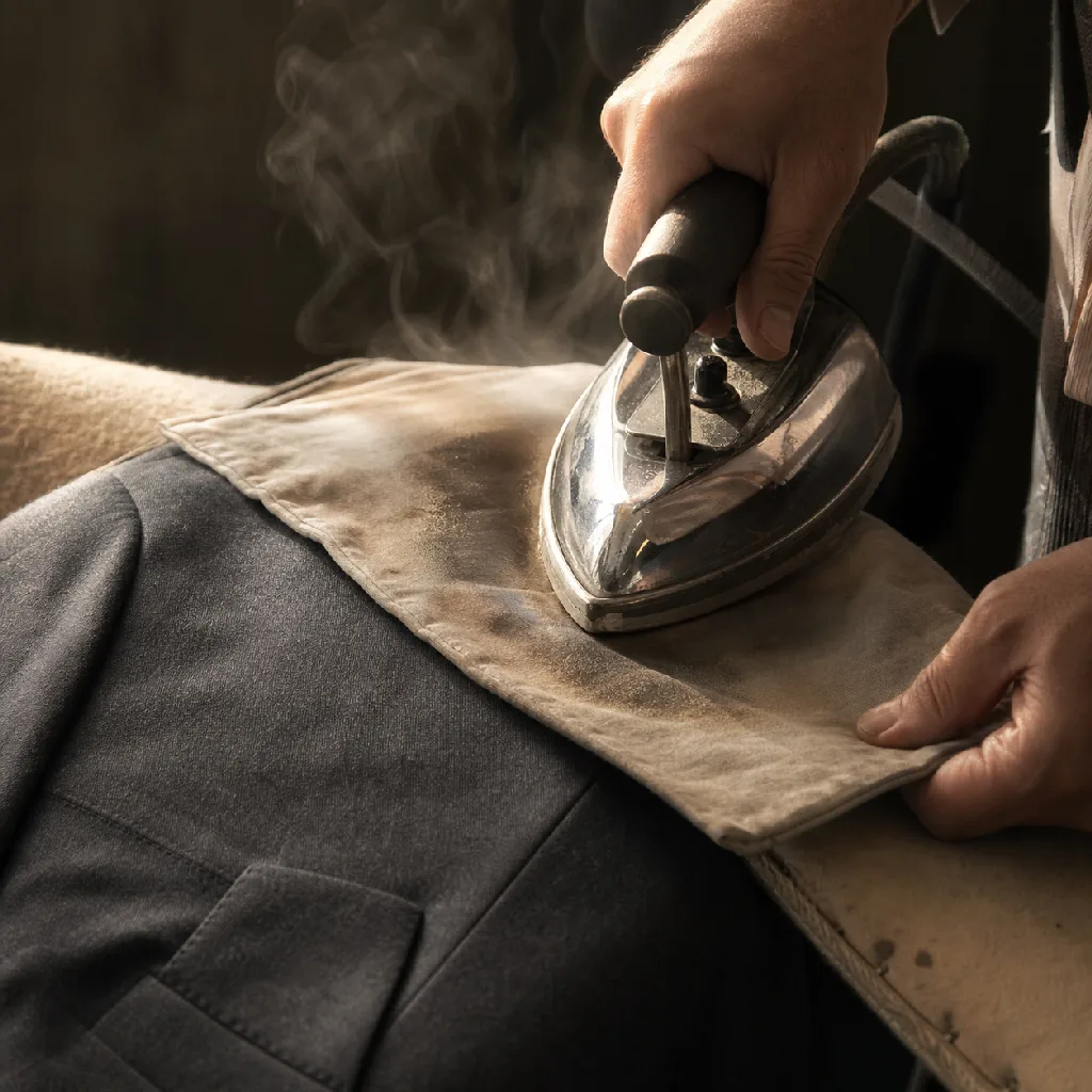A jacket shoulder being pressed with a heavy iron over a damp pressing cloth, a curl of steam rising in warm directional light on a padded board.
