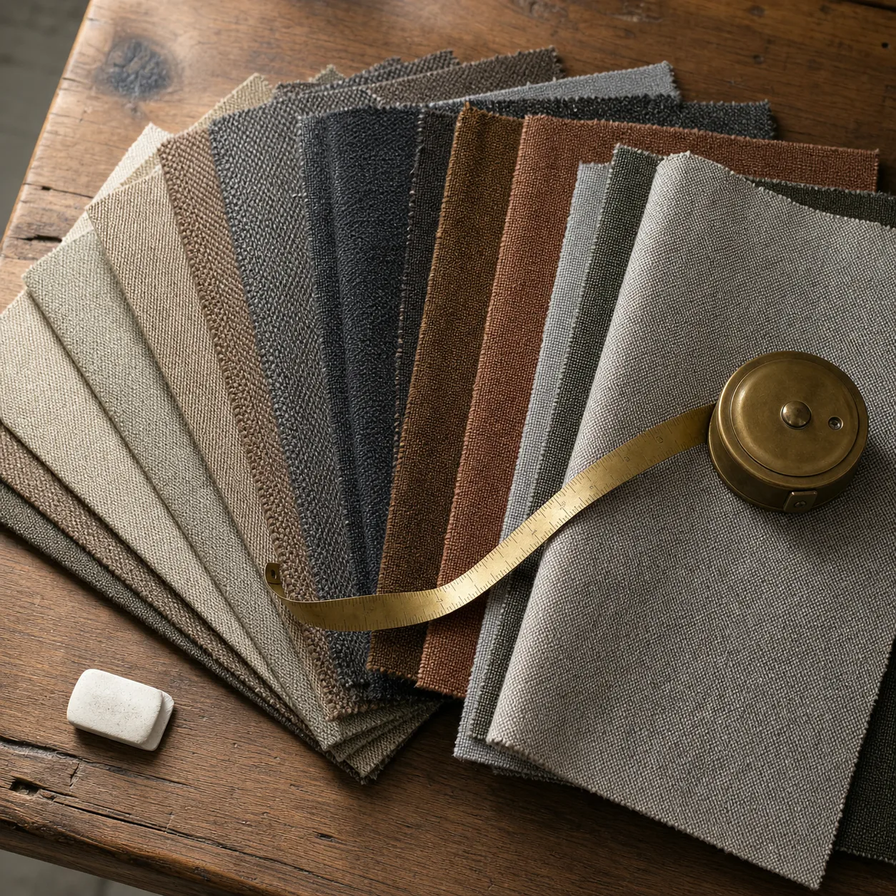 A fan of suiting swatches spread across a bench in olive, camel, clay and charcoal, a brass tape measure resting across them.